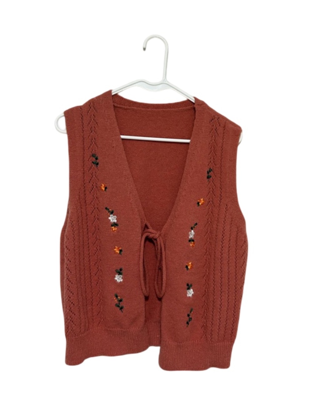 Brown Floral Embroidered Front Tie Knit Vest Size 0XL